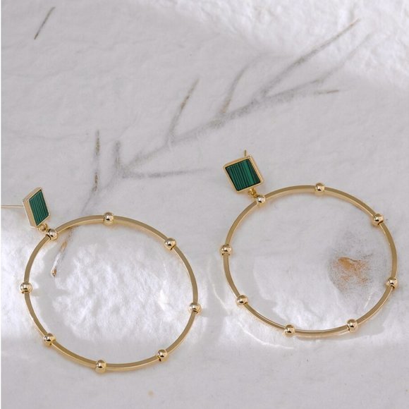 14K Gold Plated Brass Green Malachite Earrings - Picture 4 of 12